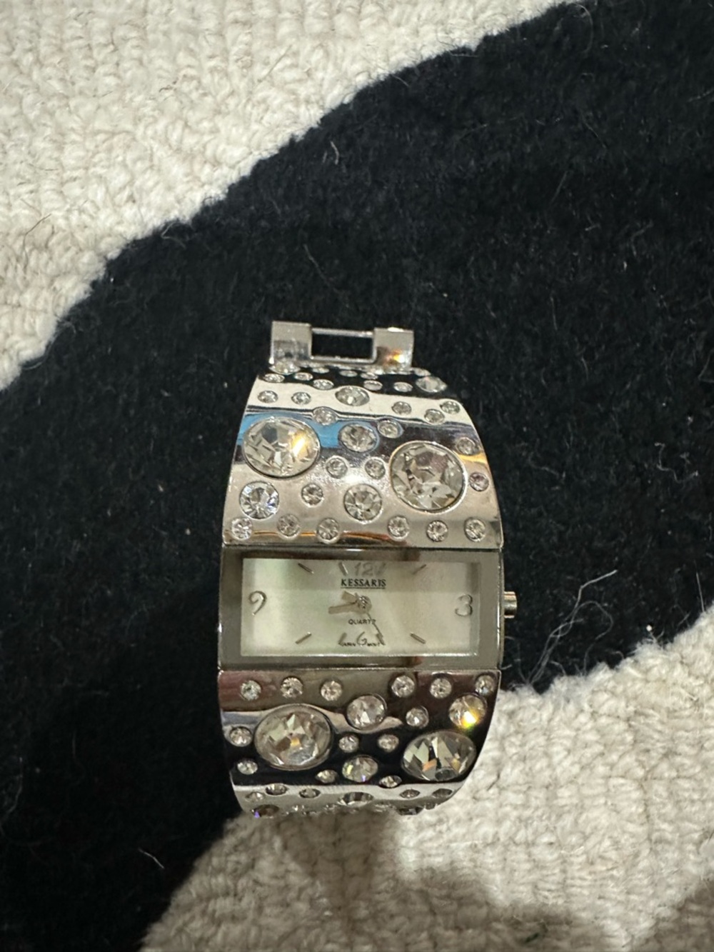 Crystal-Embellished Silver Women's Bracelet Watch with Mother-of-Pearl Dial